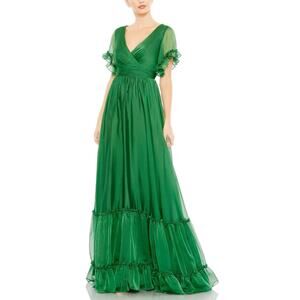 Mac Duggal Dress Size 6 Butterfly Ruffle Trimmed Sleeve Wrap Over Flowy Gown